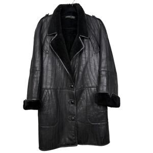 Vintage Adrienne Landau Leather Shearling Coat Black Oversized Moto 80s 90s